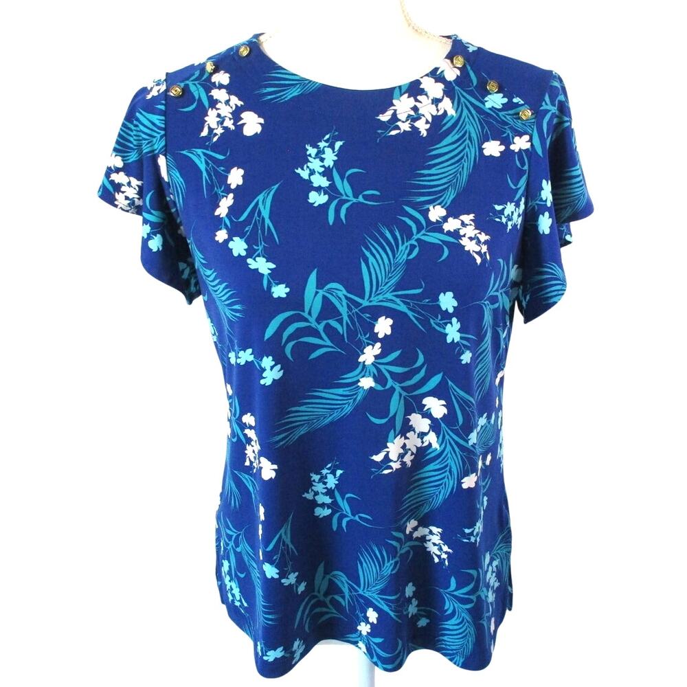 Liz Claiborne Women's Petite Blue Floral Print Short Sleeve Stretch Shirt  PS